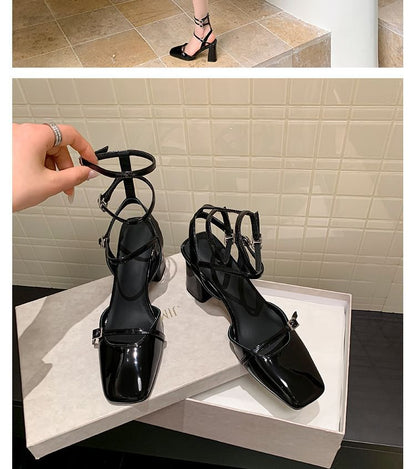 Square Top Plain Chunky High Faux Sandals Leather Heel Toe Buckled