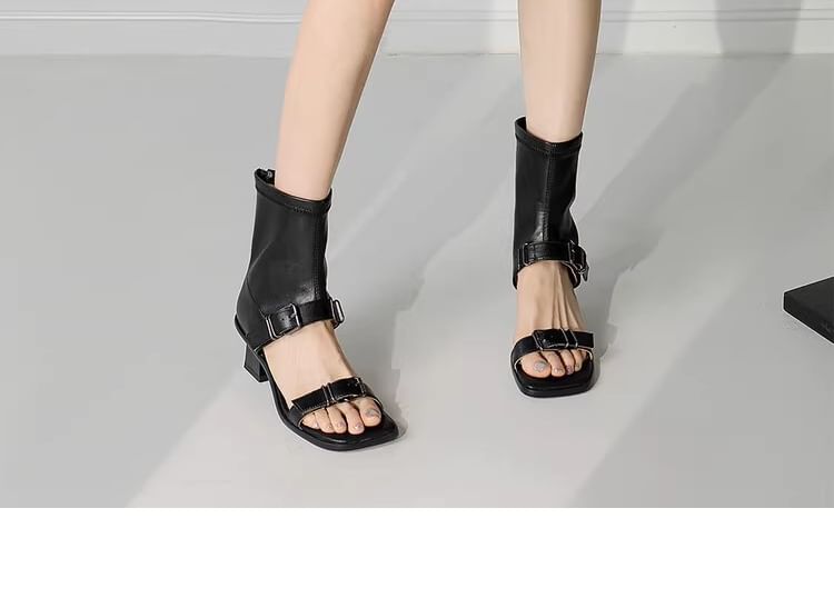 Faux High Plain Leather Buckled Top Chunky Sandals Heel Toe Square