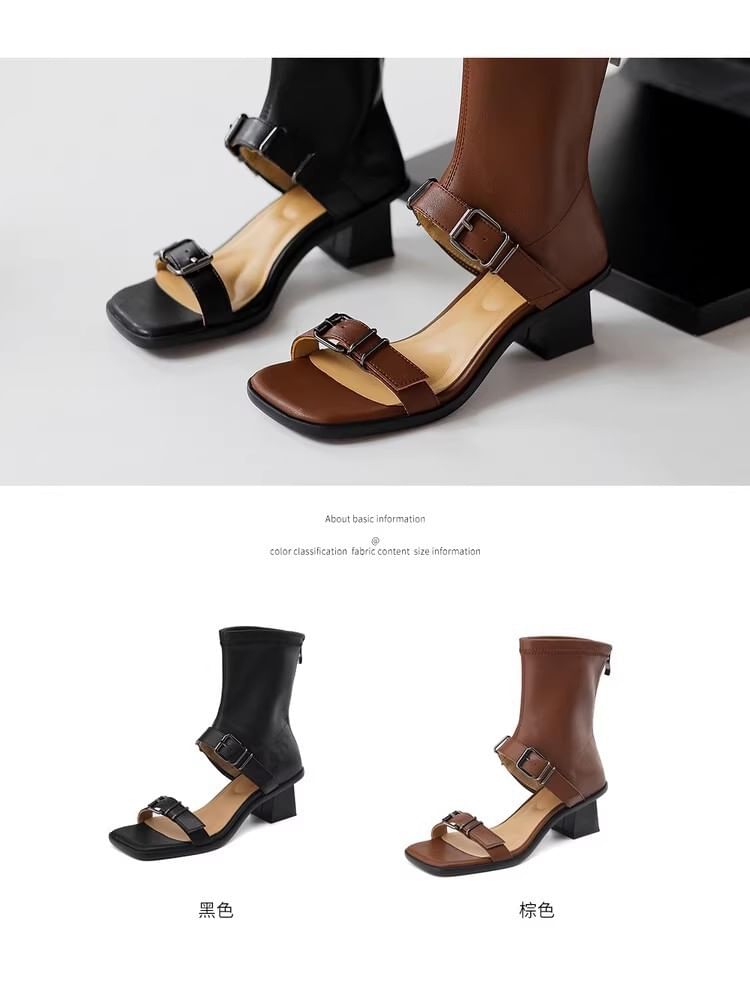 Faux High Plain Leather Buckled Top Chunky Sandals Heel Toe Square