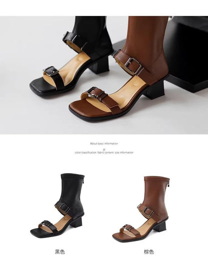Faux High Plain Leather Buckled Top Chunky Sandals Heel Toe Square