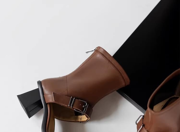 Faux High Plain Leather Buckled Top Chunky Sandals Heel Toe Square