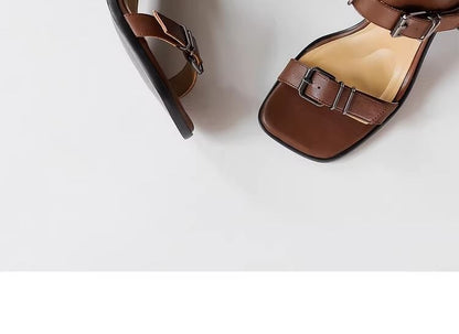 Faux High Plain Leather Buckled Top Chunky Sandals Heel Toe Square
