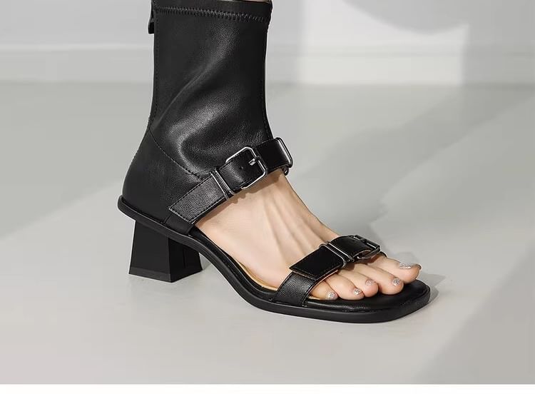 Faux High Plain Leather Buckled Top Chunky Sandals Heel Toe Square