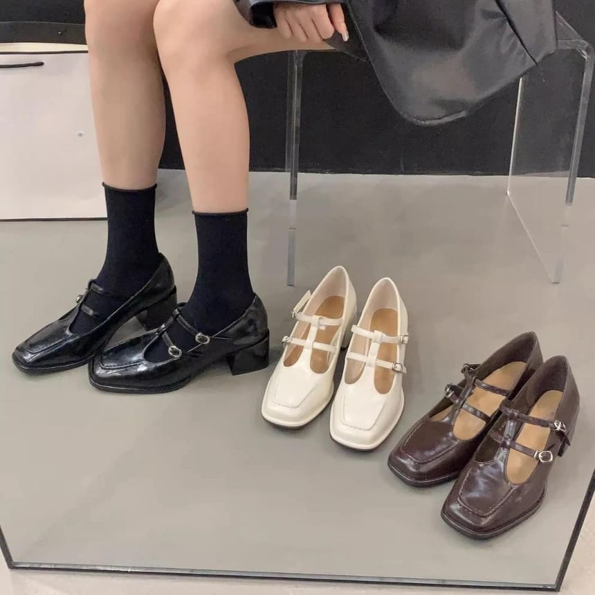 Jane Chunky Plain Mary Heel Pumps T-Strap Square Toe