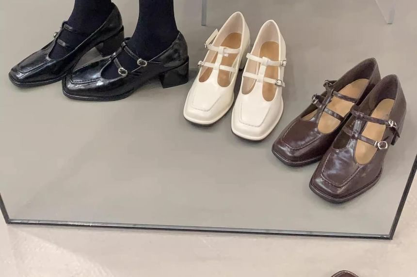 Jane Chunky Plain Mary Heel Pumps T-Strap Square Toe