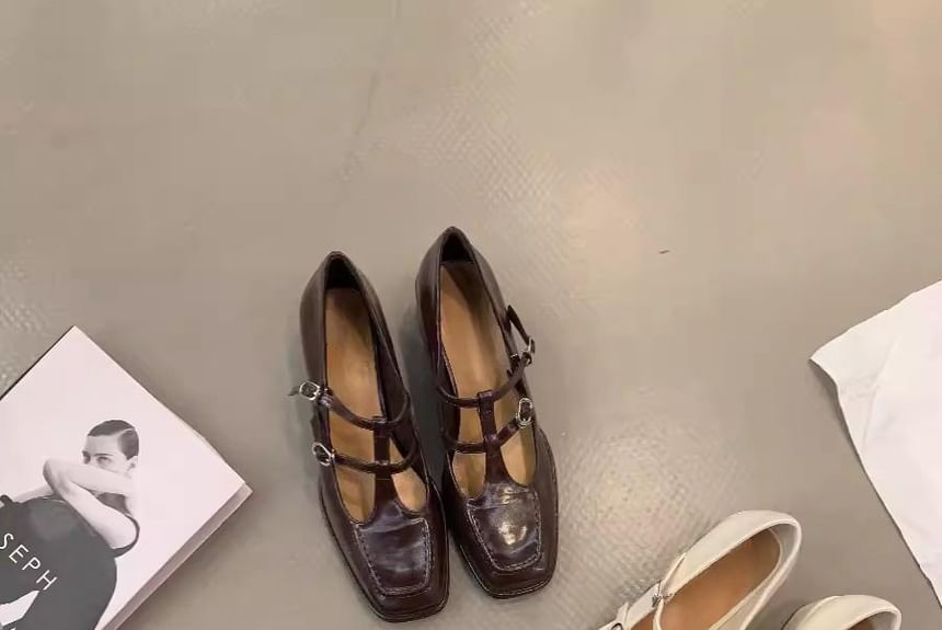 Jane Chunky Plain Mary Heel Pumps T-Strap Square Toe