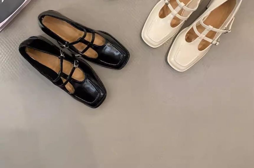 Jane Chunky Plain Mary Heel Pumps T-Strap Square Toe
