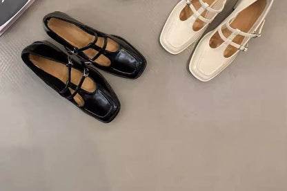 Jane Chunky Plain Mary Heel Pumps T-Strap Square Toe