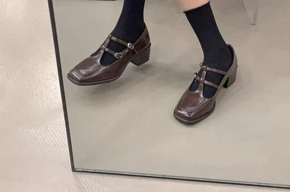 Jane Chunky Plain Mary Heel Pumps T-Strap Square Toe