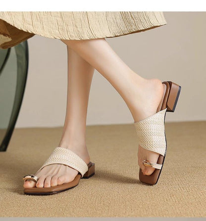 Metal Straw Square Chunky Toe Loop Sandals Heel Accent