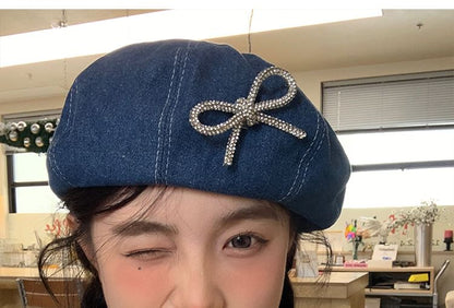 Ribbon Beaded Beret Denim