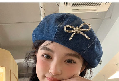 Ribbon Beaded Beret Denim