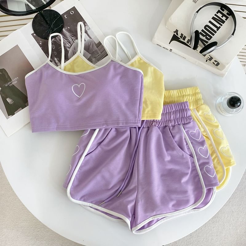 Set: Heart Embroidered Contrast Trim Crop Cami Top + Drawstring Waist Sweat Shorts