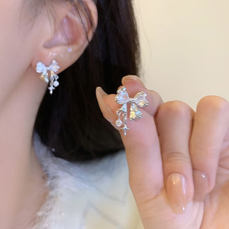 Bow Rhinestone Alloy Drop Earring