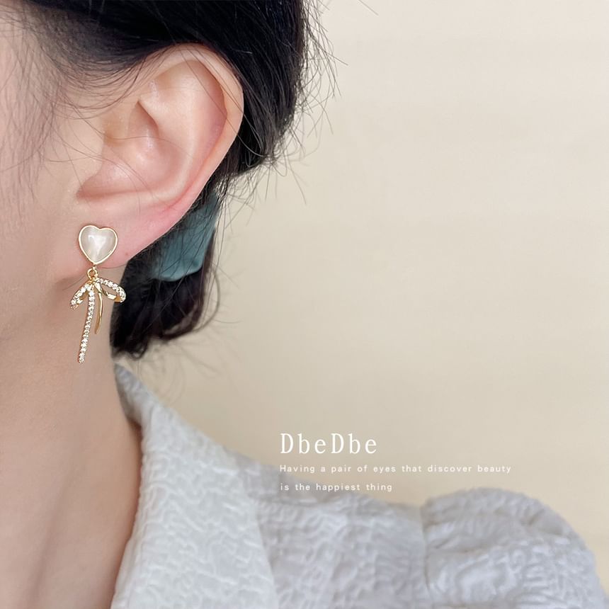 Clip Heart On Drop Earring Bow Rhinestone