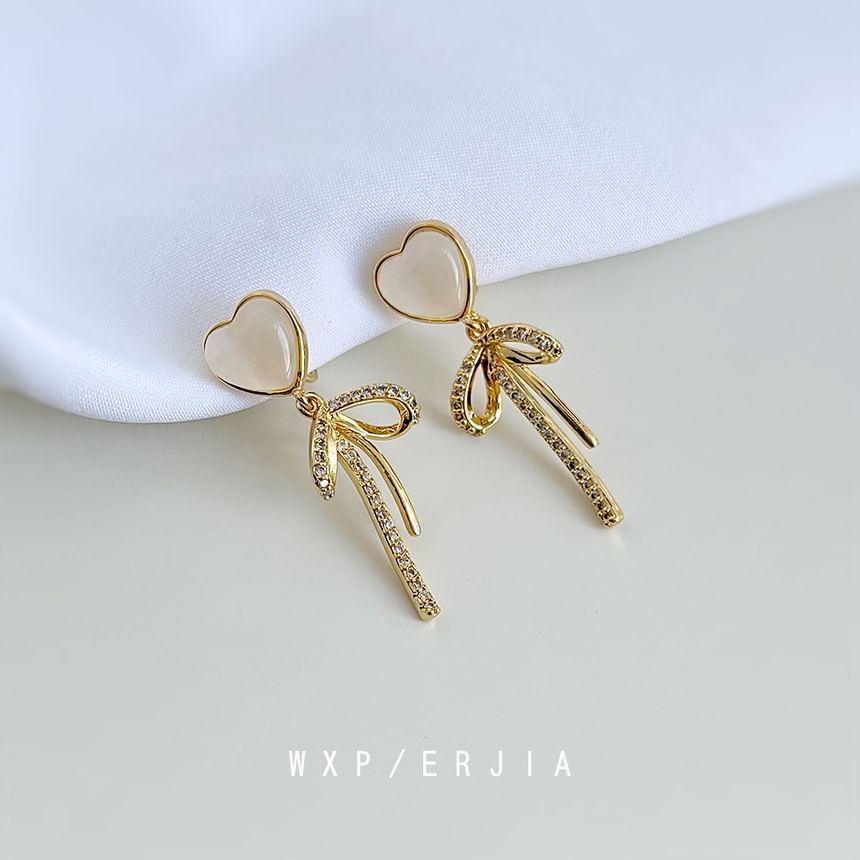 Clip Heart On Drop Earring Bow Rhinestone