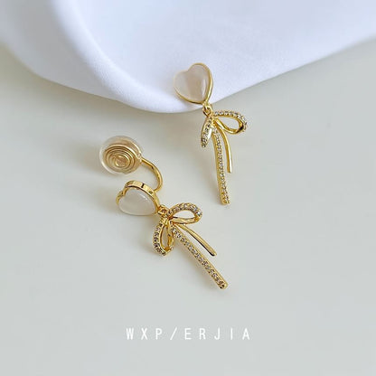 Clip Heart On Drop Earring Bow Rhinestone