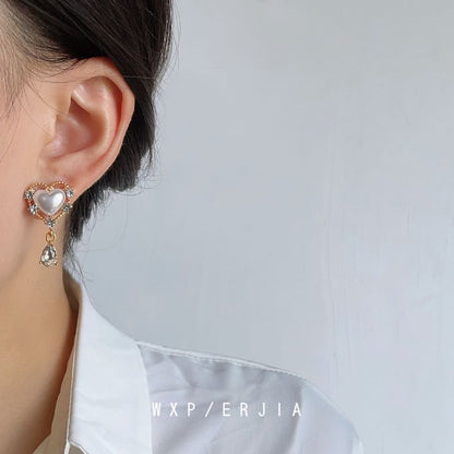 Drop Rhinestone Faux Pearl Clip Heart On Earring