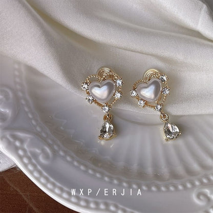 Drop Rhinestone Faux Pearl Clip Heart On Earring