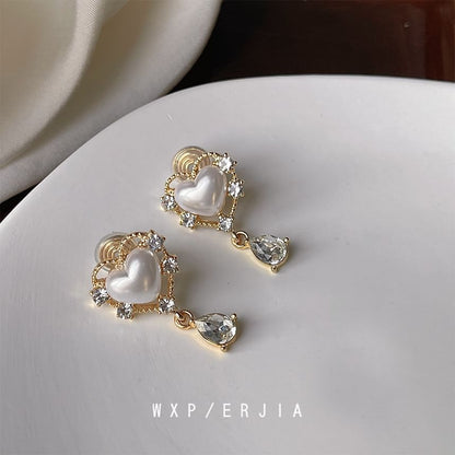 Drop Rhinestone Faux Pearl Clip Heart On Earring