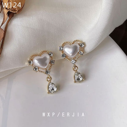 Drop Rhinestone Faux Pearl Clip Heart On Earring