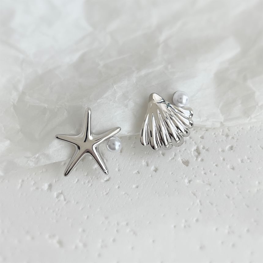 Clip Shell Starfish Asymmetrical Faux Pearl On Earring