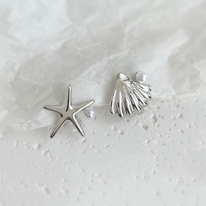 Clip Shell Starfish Asymmetrical Faux Pearl On Earring