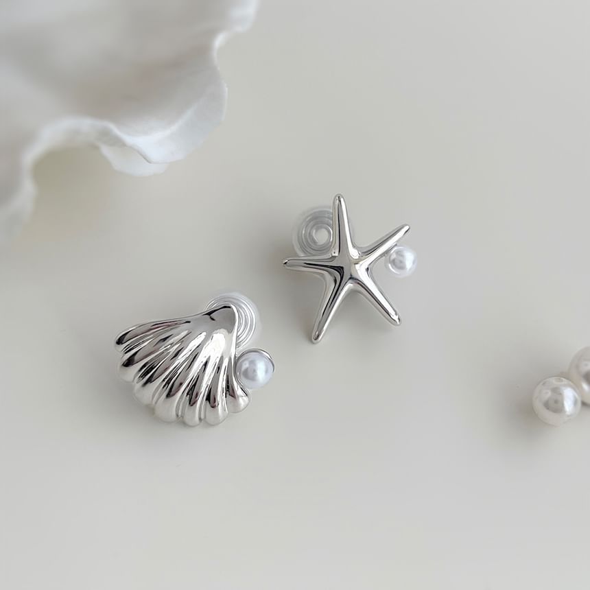Clip Shell Starfish Asymmetrical Faux Pearl On Earring
