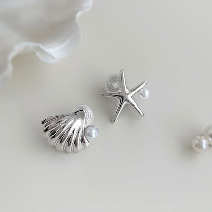 Clip Shell Starfish Asymmetrical Faux Pearl On Earring