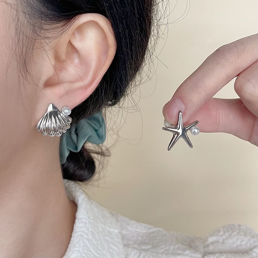 Clip Shell Starfish Asymmetrical Faux Pearl On Earring