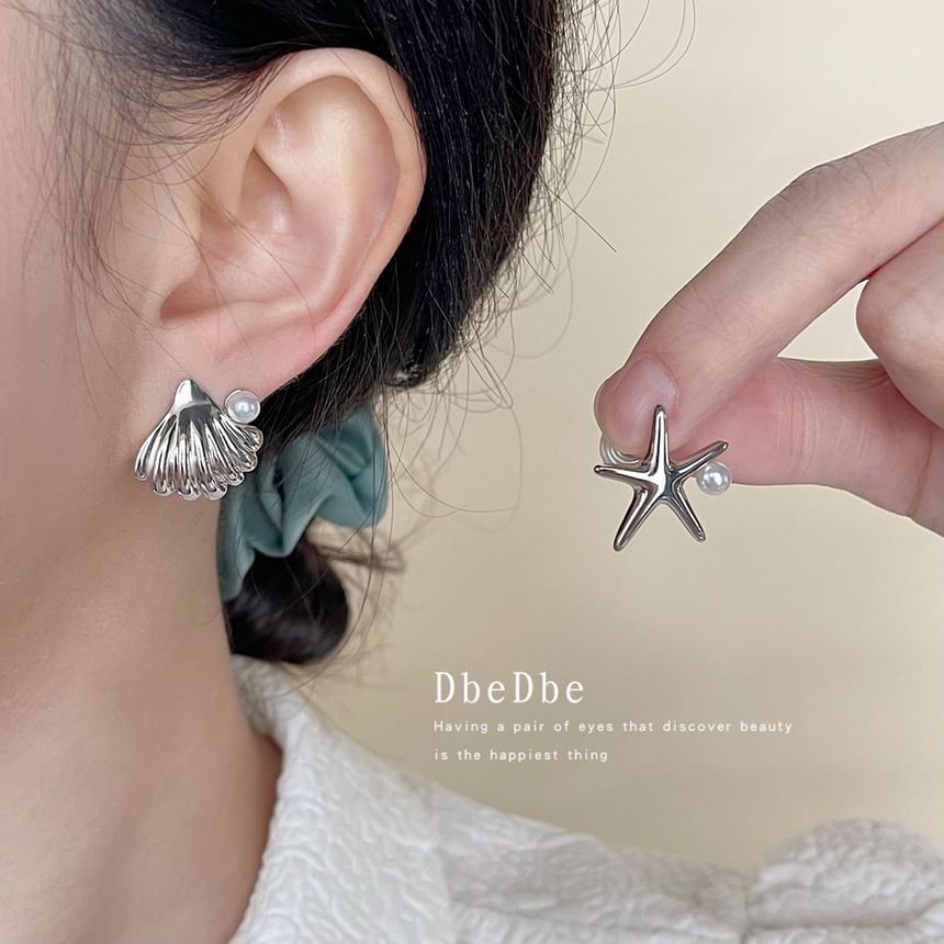 Clip Shell Starfish Asymmetrical Faux Pearl On Earring