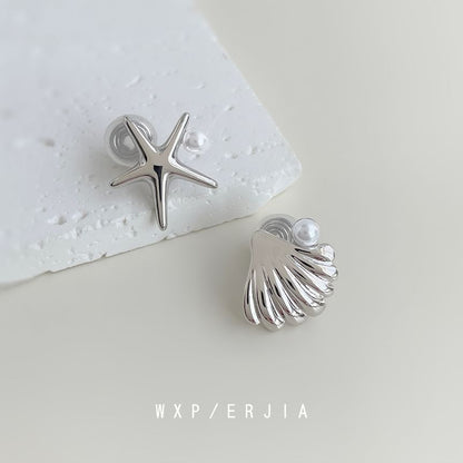 Clip Shell Starfish Asymmetrical Faux Pearl On Earring