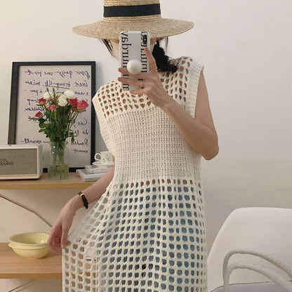 Sleeveless Perforated Plain Knit Dress