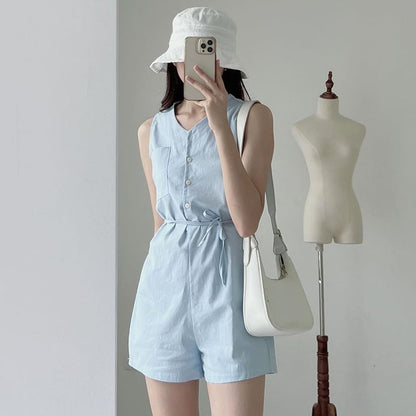 Sleeveless Button-Up Plain Romper