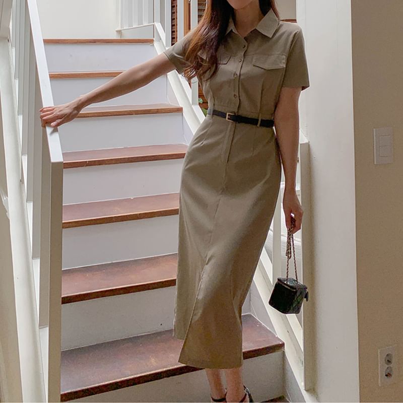 Short-Sleeve Half Buttoned Plain Maxi Shirt Dress