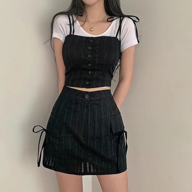 Set: Button-Up Crop Camisole Top + High Waist Mini Pencil Skirt