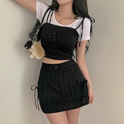 Set: Button-Up Crop Camisole Top + High Waist Mini Pencil Skirt