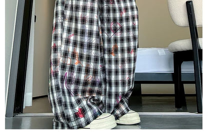 Graffiti Plaid High Rise Wide Leg Pants