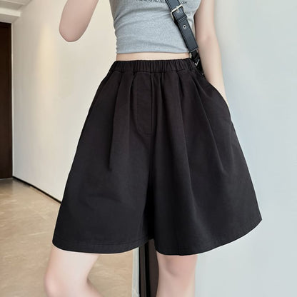 High Rise Plain Pocketed Wide Leg Shorts