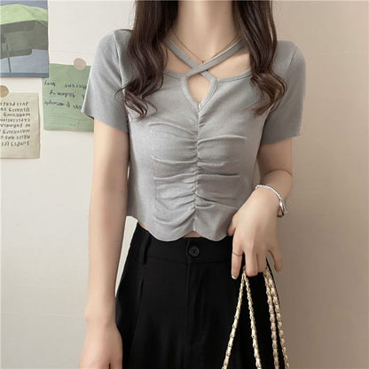 Criss Cross Plain Ruched Neck Knit Notch Short-Sleeve Top