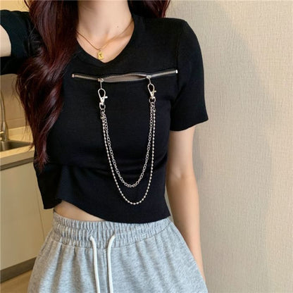 Short-Sleeve Crew Zip T-Shirt Plain Neck Chain