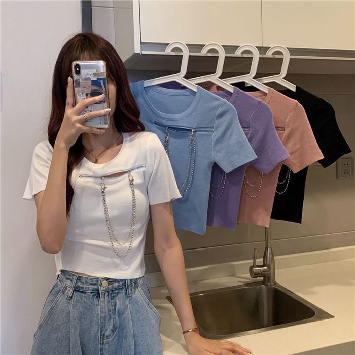 Short-Sleeve Crew Zip T-Shirt Plain Neck Chain
