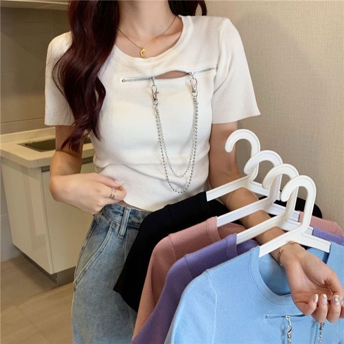 Short-Sleeve Crew Zip T-Shirt Plain Neck Chain
