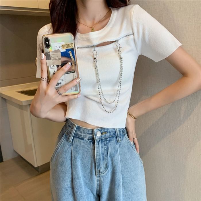 Short-Sleeve Crew Zip T-Shirt Plain Neck Chain