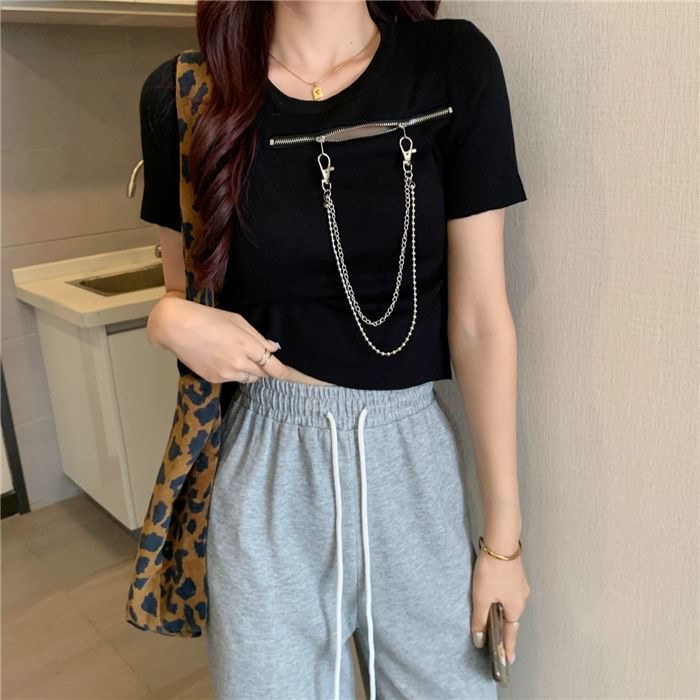 Short-Sleeve Crew Zip T-Shirt Plain Neck Chain