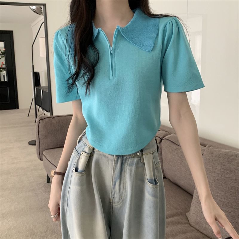 Collared Half Knit Short-Sleeve Zip Top