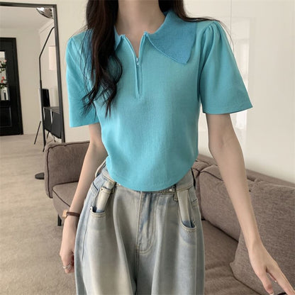 Collared Half Knit Short-Sleeve Zip Top