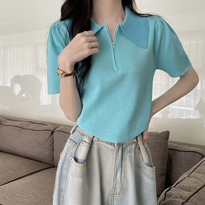 Collared Half Knit Short-Sleeve Zip Top
