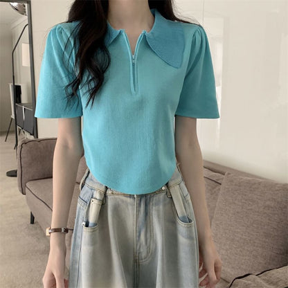 Collared Half Knit Short-Sleeve Zip Top