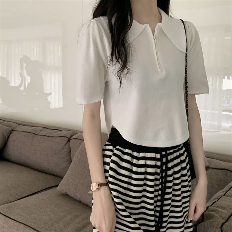 Collared Half Knit Short-Sleeve Zip Top